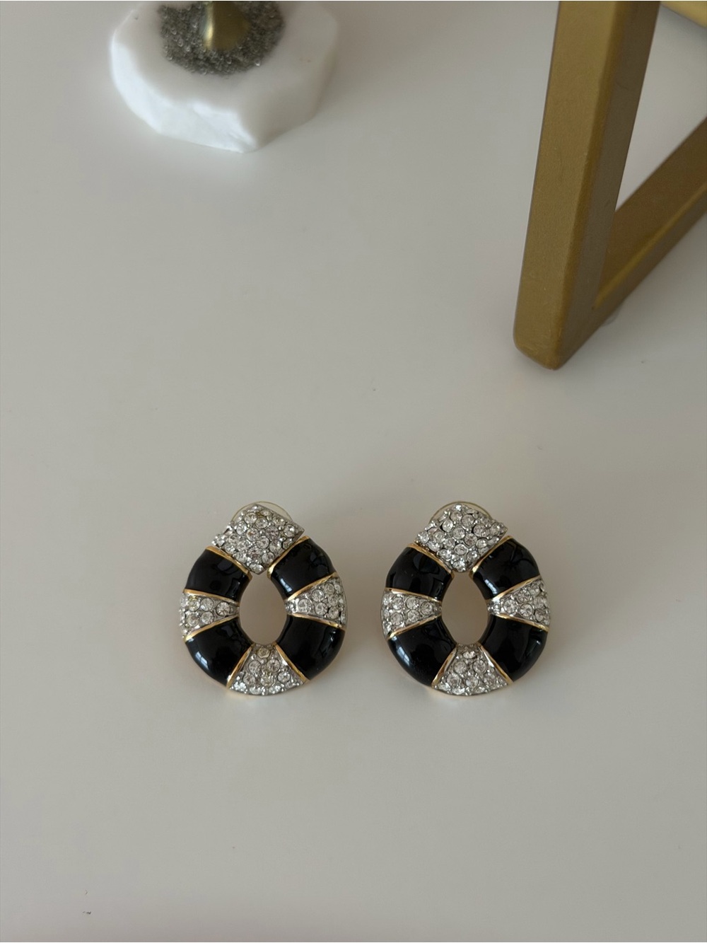Vintage St. John Black Enamel & Pave Swarovski Crystal Oval Earrings